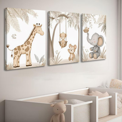 3Pcs Woodland Animal Nursery Canvas Wall Art Neutral Safari Animal Jungle Paintings Pictures Wall Decor Giraff Monkey Elephants Watercolor Poster Printing Artwork For Kids Room Home Decoration