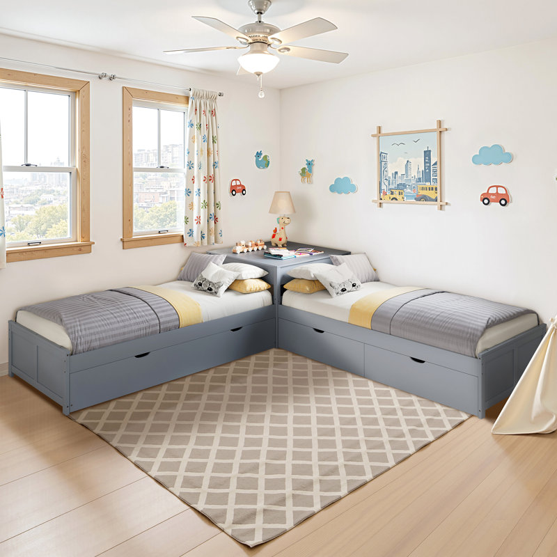L-Shaped Twin Solid Wood Trundle Bed with Flip-Top Storage Desk, Gray, Gray