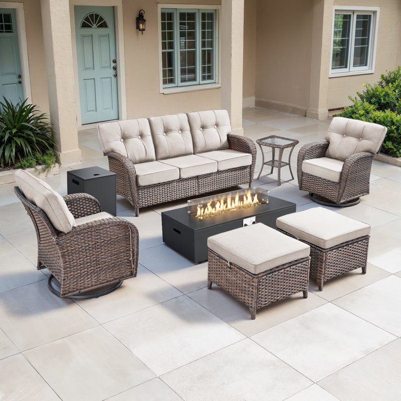Agnes 5-7 Person Outdoor Wicker Patio T-Back Sofa Set With Fire Pit Table & Swivel Chairs, Beige