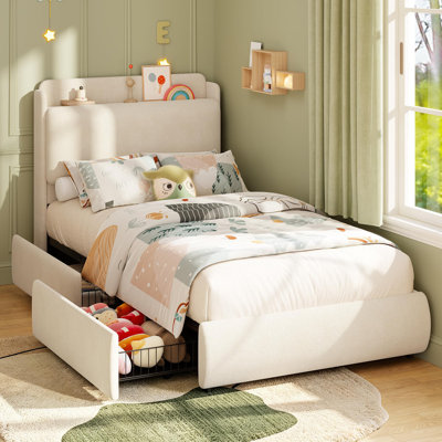 Twin Size Bed Frame with Recessed Shelf for Kids- Green | Safe twin bed with recessed shelf for books & nightlight, rounded soft corners, low-profile height for easy climbing, sturdy