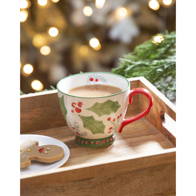 14 oz tasse de céramique peinte à la main, houx
