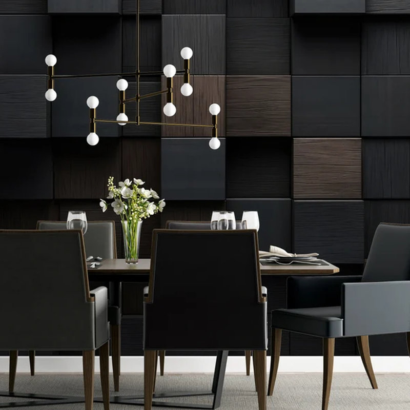 Modern Dark Wood 3D Cube Geometric Wall Mural Panel Design, 236" L x 117.96" W
