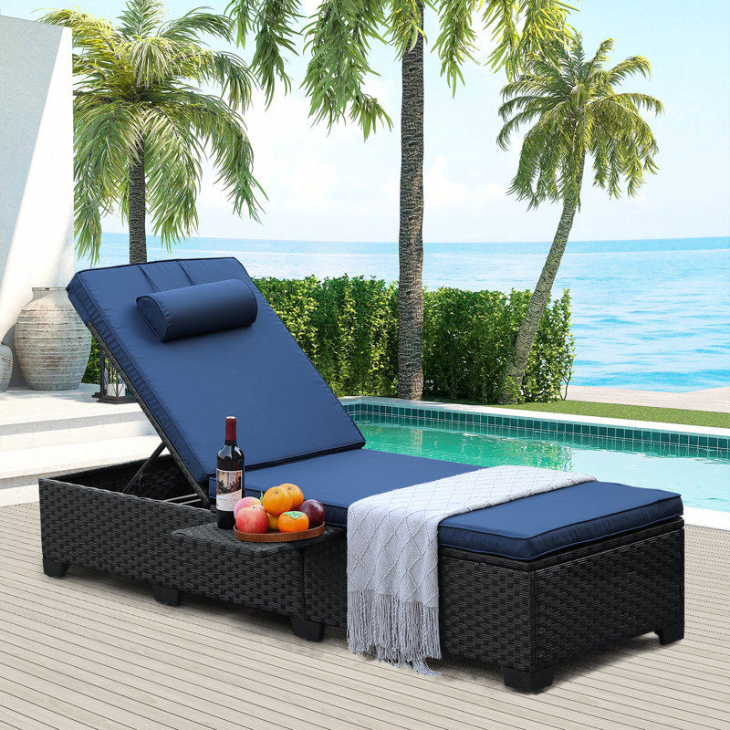 Persei Outdoor Wicker Chaise Lounge with Foldable Side Table, Khaki