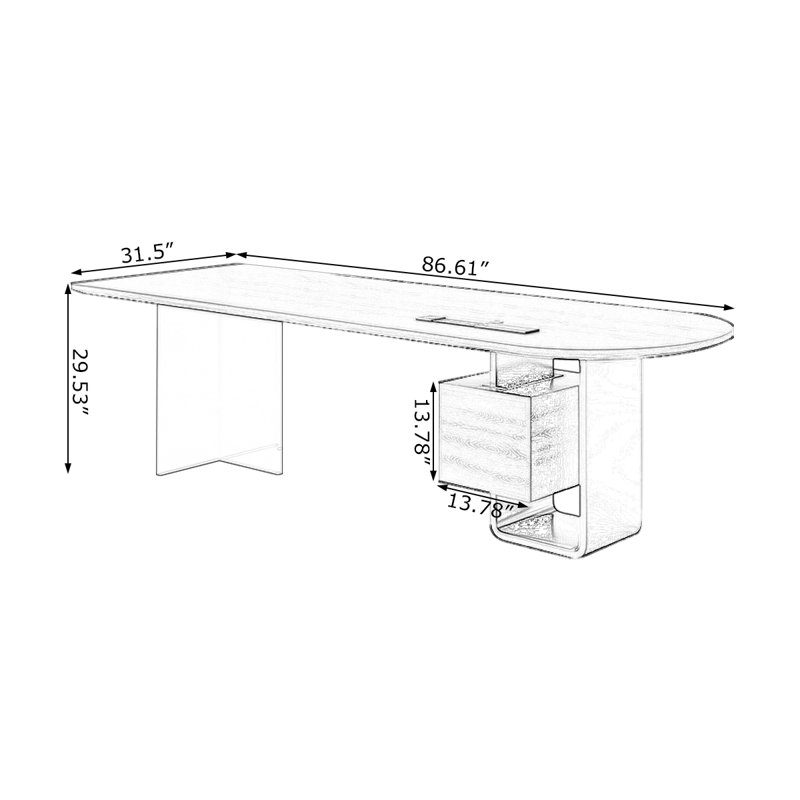 Bureau en bois massif noir + demi-cercle transparent + acier + acrylique avec 2 tiroirs, H 29,53 po x l 86,61 po x P 31,5 po