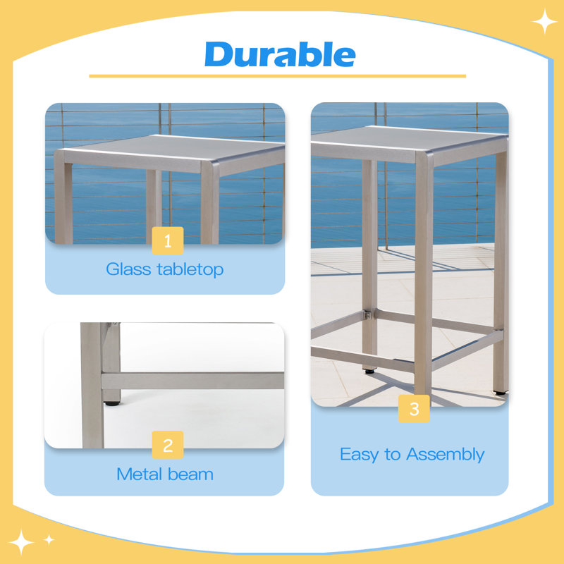 Table de bar d'extérieur en aluminium avec plateau en verre 43 po
