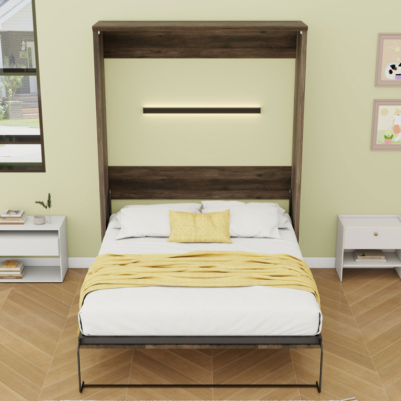 Grand lit escamotable peu encombrant avec système à deux pistons et tête de lit faciles à utiliser, Brun