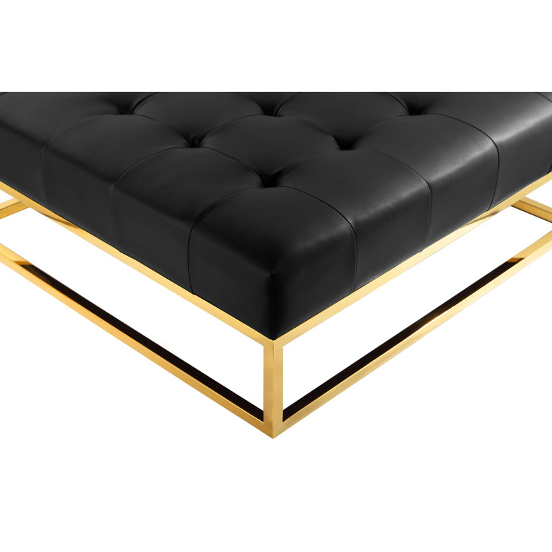 Lusso Upholstered Ottoman, Black Genuine Leather, Gold