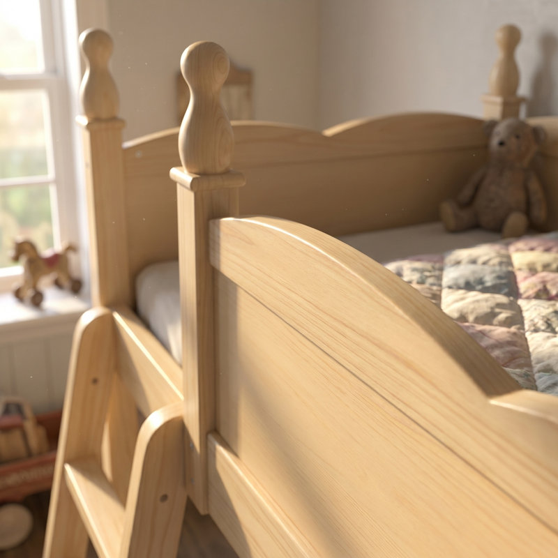 Lit mezzanine simple en bois massif AVELOR avec garde-corps, échelle et rangement sous le lit, Twin, Natural