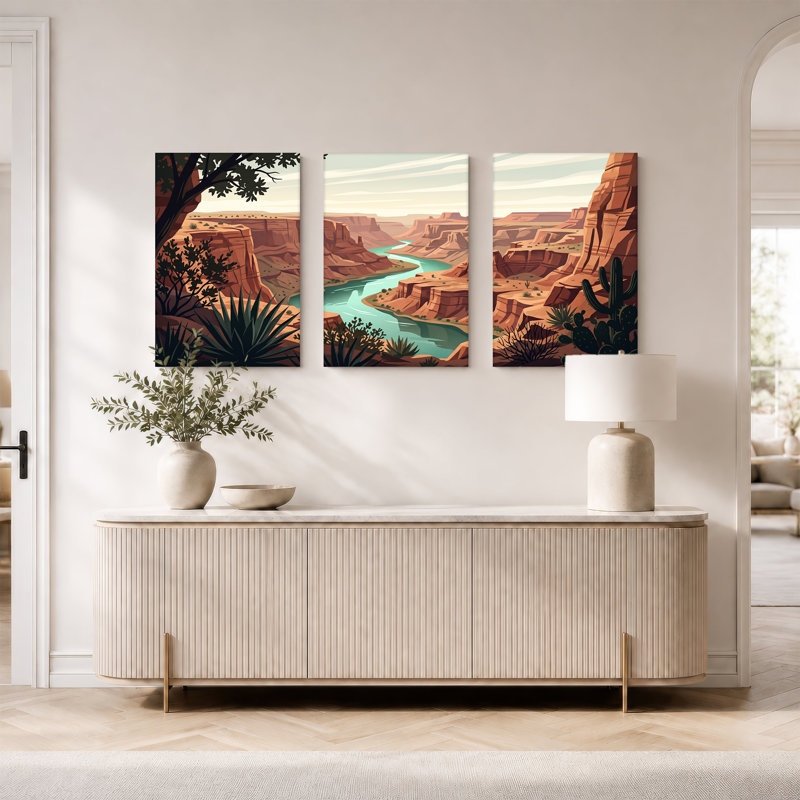 «Desert Canyon River» avec ensemble de 3 toiles et cactus, 30"H x 20"W x 3pcs