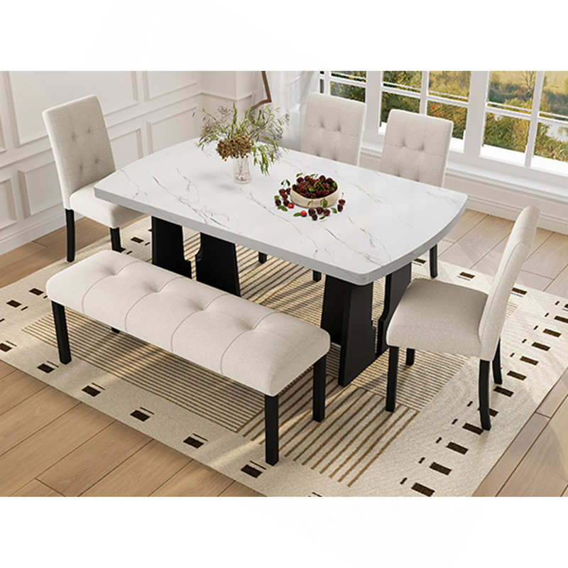 Ensemble de table de salle à manger moderne 6 pièces, table de salle à manger en faux marbre 63 "avec pieds géométriques, 4 chaises rembourrées et 1 banc, facile à assembler, beige et blanc