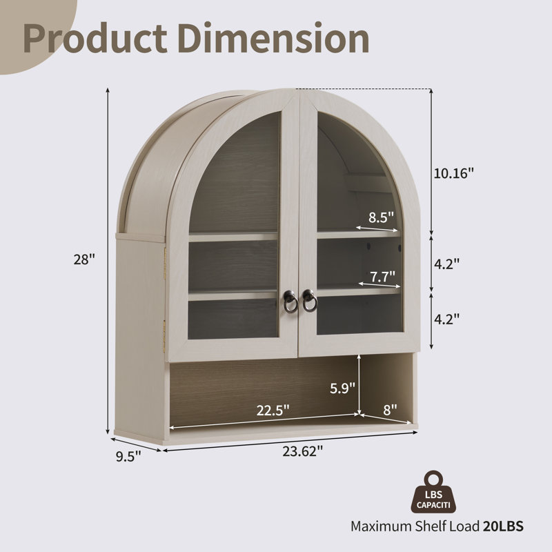  Armoire murale de salle de bain arquée Ahart avec 2 portes en verre et tablette ouverte de 23,6 po, Crème, 1