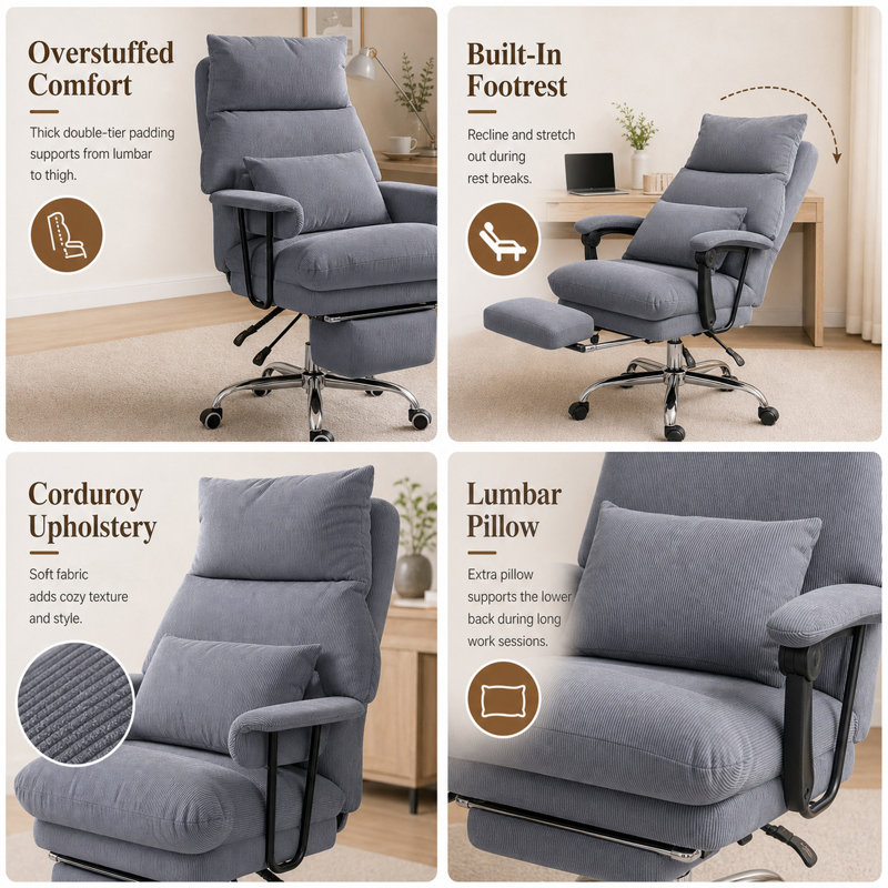 Durable Cozy Executive Office Chair with Lumbar Support, Footrest, High Back Reclining Overstuffed Desk Chair with