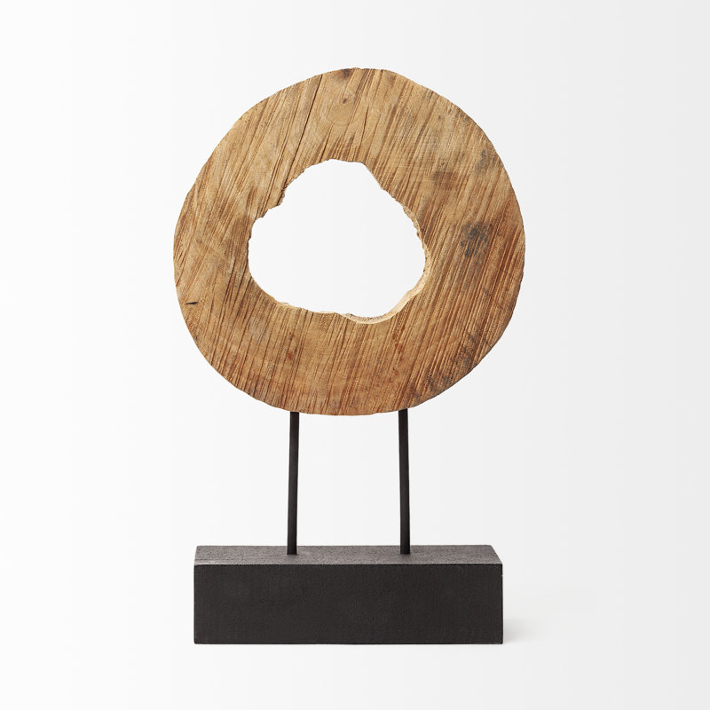 Rene Brown and Black Wood Log Cross Section Tabletop Sculpture, 18.75" H x 12.5" W x 3.5" D