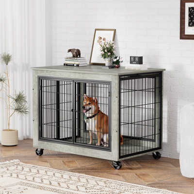 Grande cage pour chien de style meuble, table de bout pour chenil avec trois portes