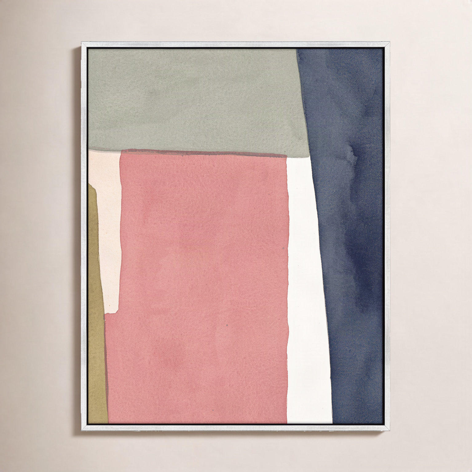 Warm Pink And Indigo by Julia Balfour, 30" H x 24" W x 1.4" D, Silver Framed Canvas