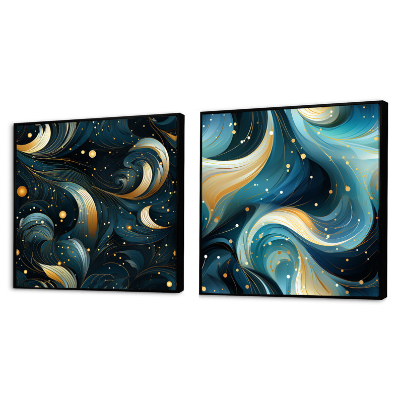 Cind - Collages abstraits, ensemble de 2 collages carrés, Cadre flottant noir, H 36 po x l 73 po