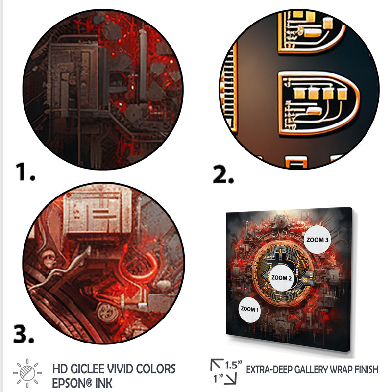 «Red Bitcoin Crypto monnaie I», art mural mode, Toile tendue, H 36 po x l 36 po x P 1,5 po