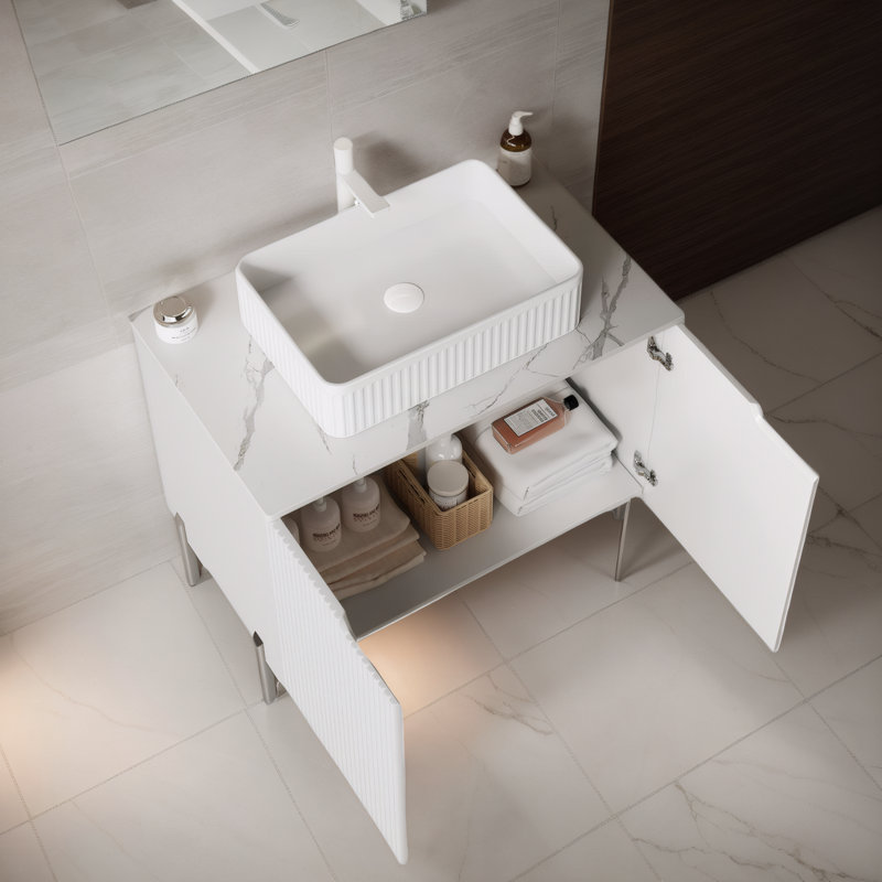 Meuble-lavabo 30 po, comptoir en pierre frittée Carrara, lavabo en céramique, Blanc, Blanc
