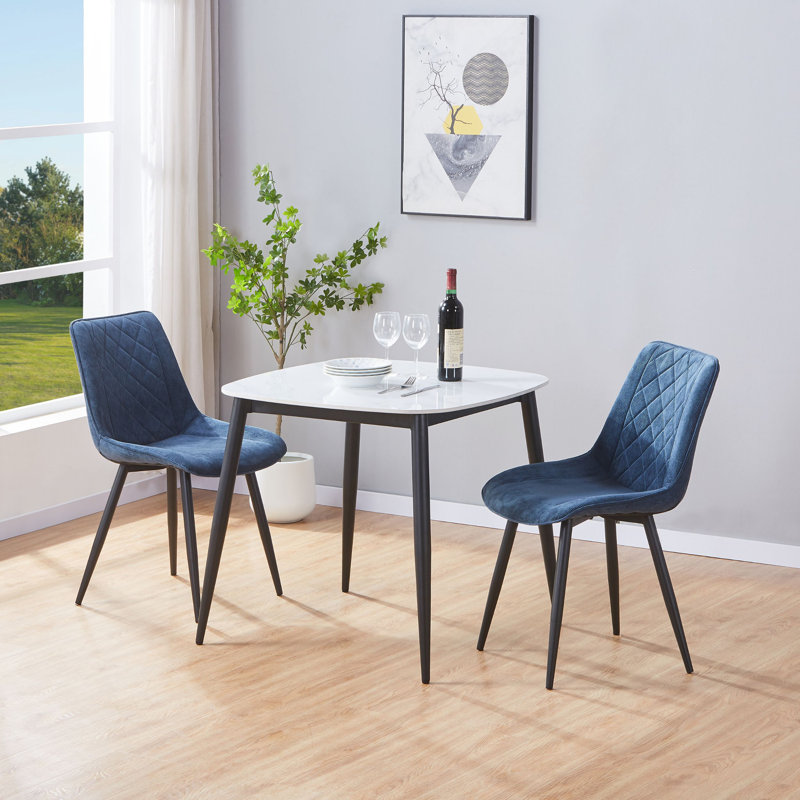 Aspen Sintered Stone Square Table with 2 Diamond Stitch Upholstered Fabric Chairs - Modern Dining Set, Blue