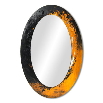 Yellow And Black Auroras Fractal Edge II - Black Modern Oval Wall Mirror