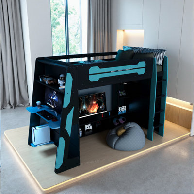 Twin Size Loft Bed With Built-In Desk, Storage Shelf And Light