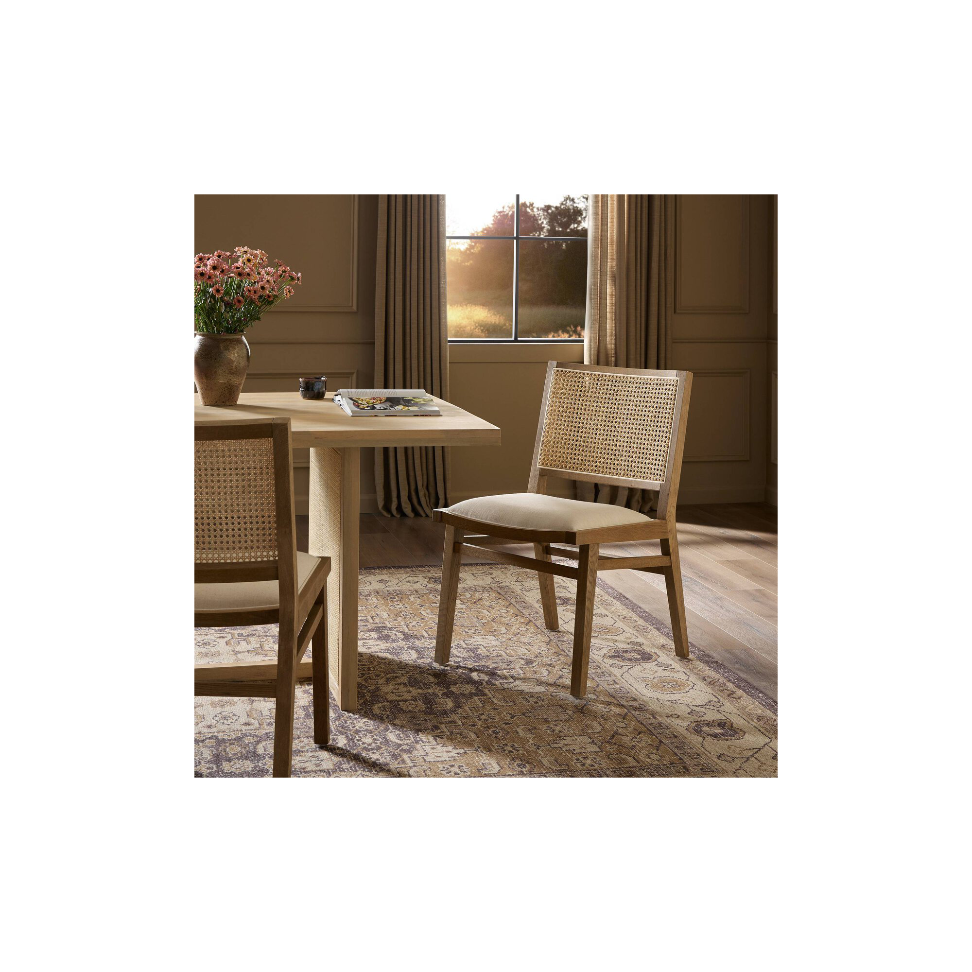 Miraz Cane Back Dining Chair, Cream Flax Polyester Blend, Toasted Oak