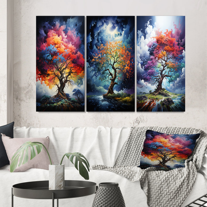 «Blue Red Oak Tree Oak Symphony», 3 pièces sur toile, Toile tendue, H 32 po x l 48 po