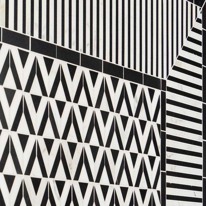 Monroe 8x8 Geometric Corner Polished Black Jade and Marble Mosaic Tile