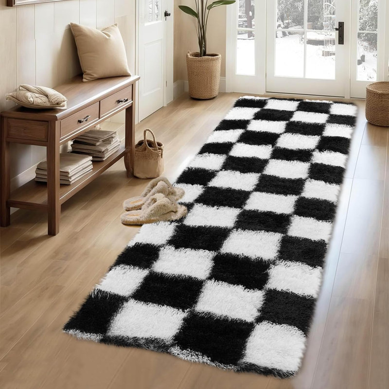 2x6 Runner Rug - Machine Washable, Non-Slip, Stain-Resistant Checkerboard Plush Carpet for Hallways, Entryways, Bedrooms (Navy Blue)
