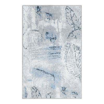 Tapis floral en polyester tissé à la machine en blanc / gris / bleu Lamm