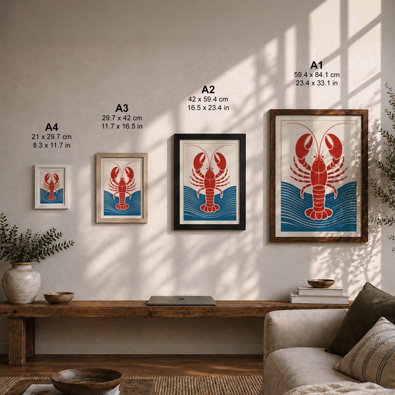 Lobster and Waves Retro - Framed Print, Black, A4 - 29.7 x 21.0 cm