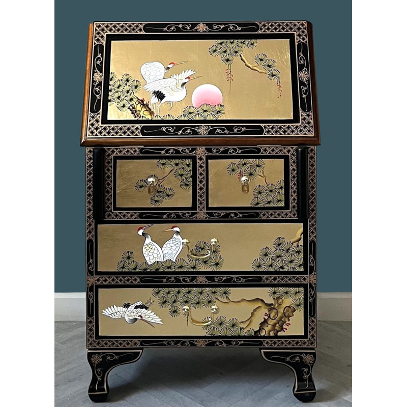 Gold Leaf Writing Bureau Desk Hand Painted Cranes Artistry
