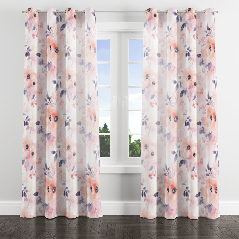 For Girls Botanical Window curtains - Fresh Pink Blush Garden Twin Grommet Curtain - 1 Panel, Gold Grommets, 52" W x 95" L
