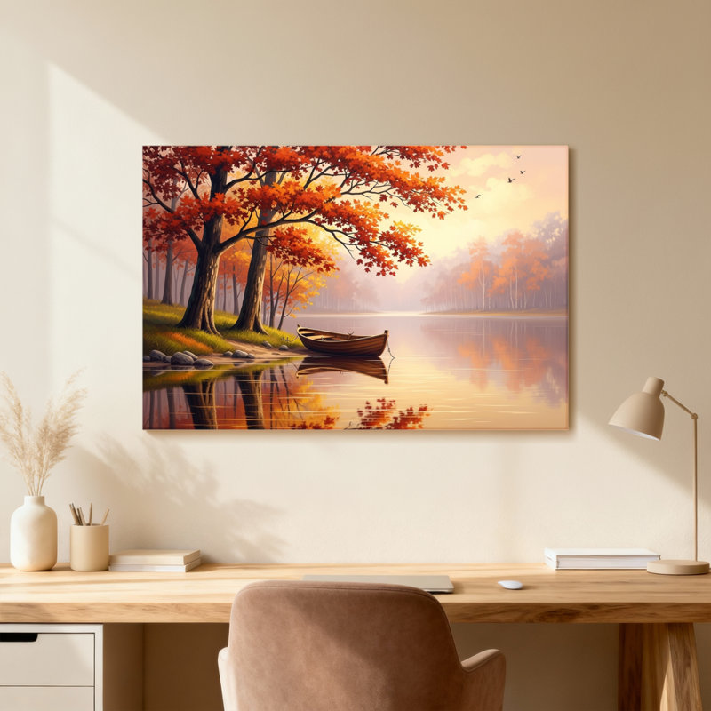 Plantes et fleurs, arbres d'automne, lac, bateau, reflet, coucher de soleil, scène paisible, H 16 po x l 24 po, Toile tendue