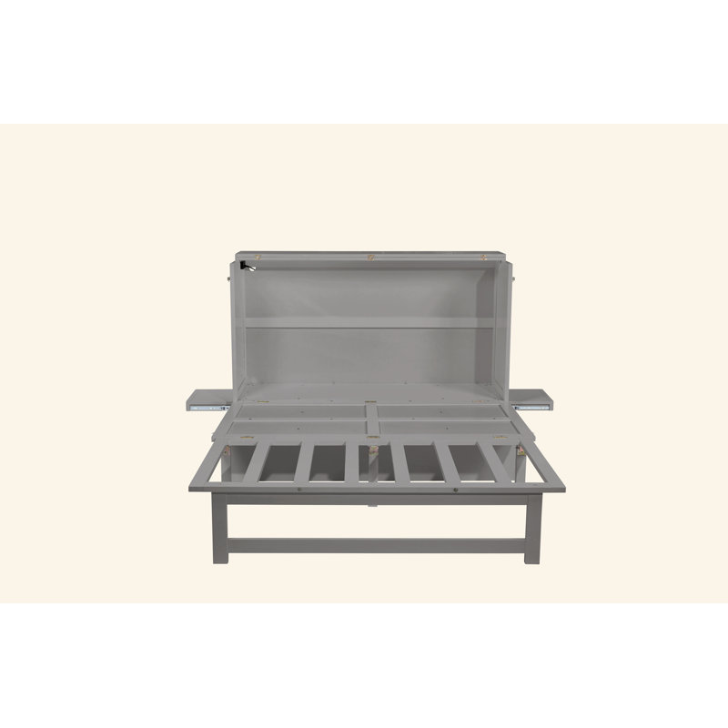 Grand lit escamotable avec port USB et tablettes amovibles de chaque côté, lit escamotable en pin massif pour bureau à domicile, chambre d'amis, gris