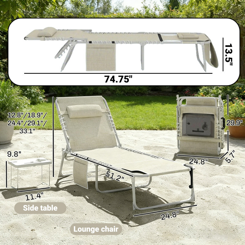 Folding Chaise Lounge Chair,outdoor Tanning Chair With Side Table, 5-level Adjustable Beach Lounge Chair With Headrest, Side Pocket For Patio, Backyard, Beach, Poolside