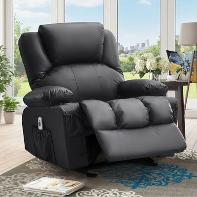 Black Heavy-Duty Manual Recliner With Heating And Massage Function + Cup Holder; Suitable For Seniors, Single Rocking Chair/Sofa Room/Home Theater.