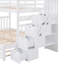 Lit superposé simple au-dessus d'un lit double avec lit gigogne blanc, rangement maximisé sous les escaliers, structure en pin massif, escalier à quatre marches, coffre-fort à usage familial, aucun sommier nécessaire, escalier à gauche ou à droite, large