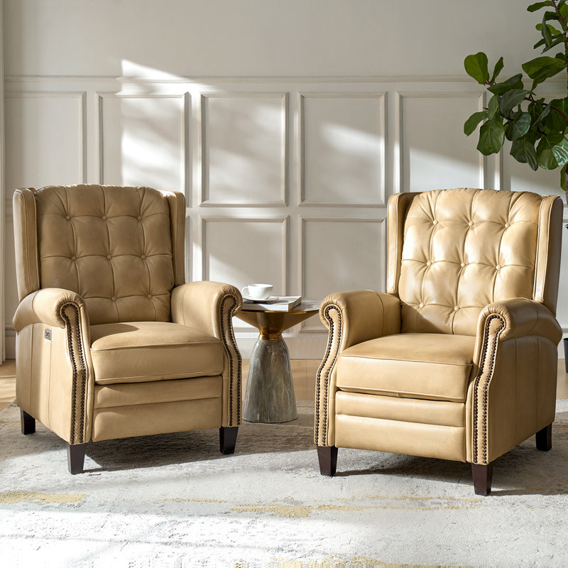 Martina 29.25''W Waxed Leather Power Recliner with Solid Wood Legs(Set of 2), Beige
