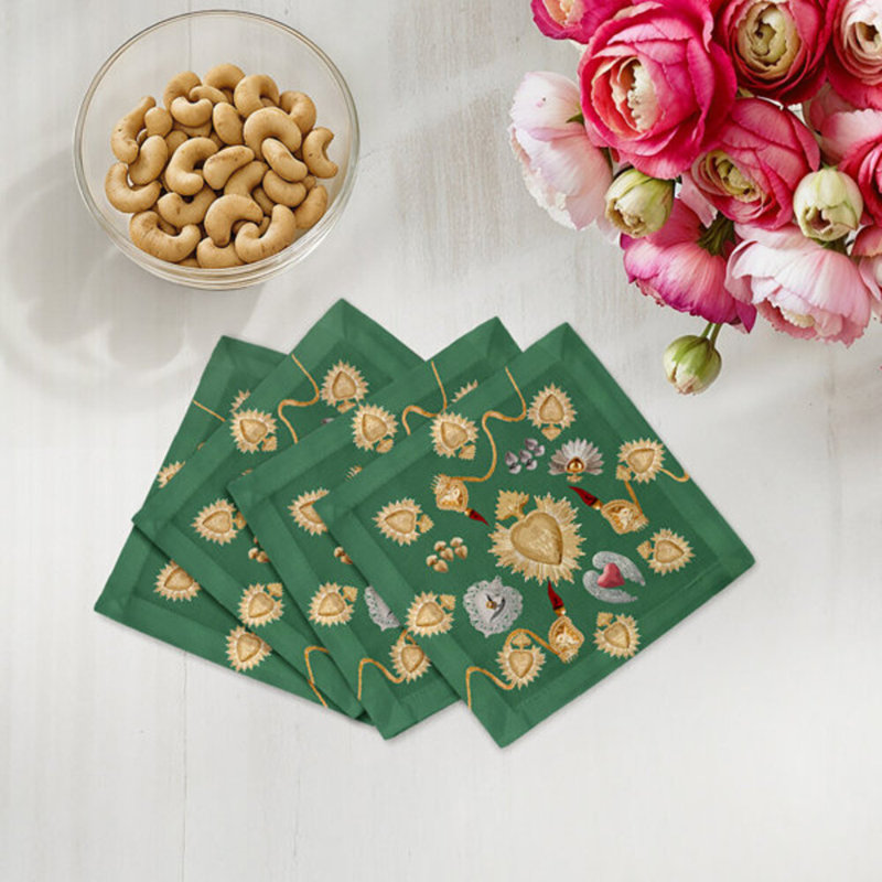 Ex Vote Sacred Hearts Cotton Sateen Cocktail Napkins, Evergreen