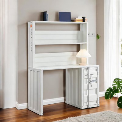 Crisp white writing desk with hutch, rectangular metal top, and full-length lock for home office