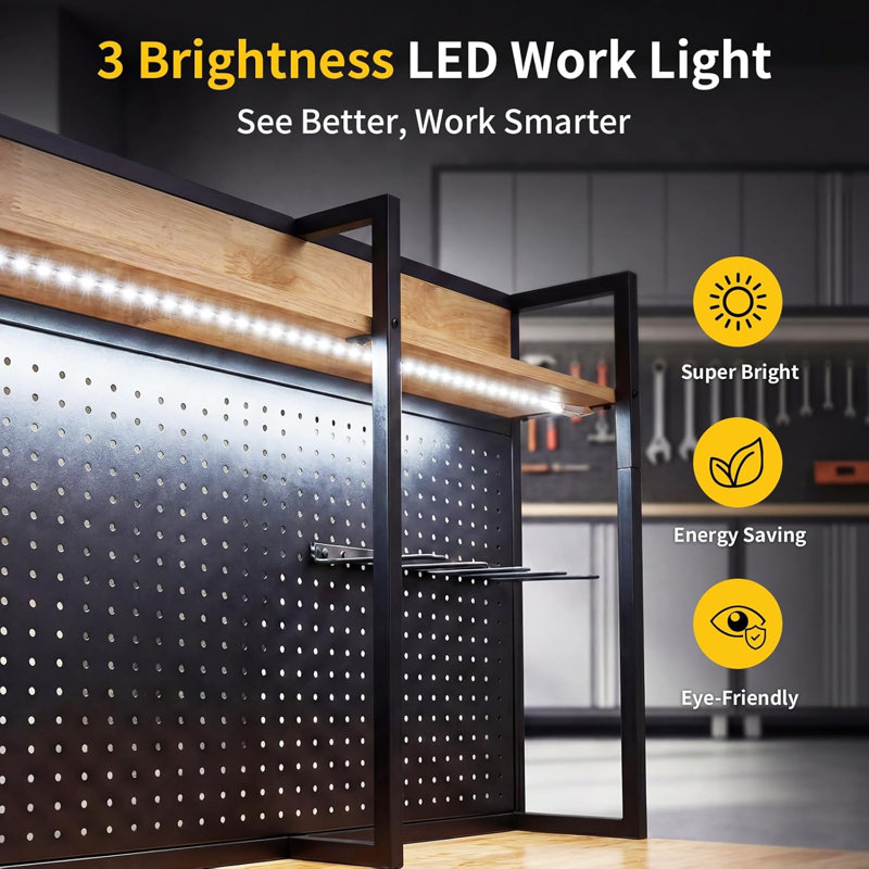 Établi avec lumière DEL et barre d'alimentation, banc de travail de garage robuste de 48 po avec rangement, panneau perforé, ports USB et Type-C, table à outils pour atelier, garage, studio, entrepôt, table d'imprimante 3D