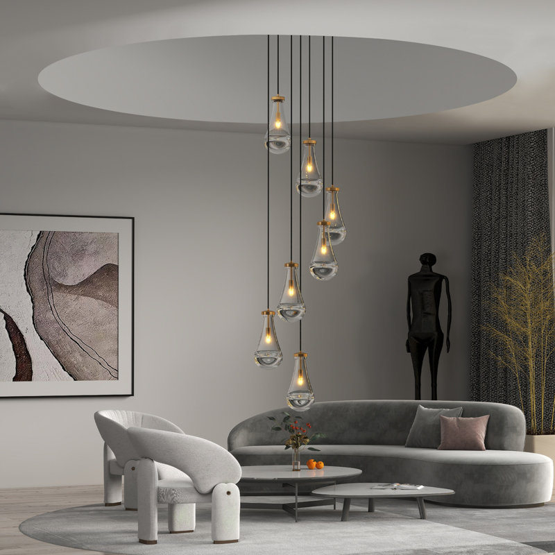 Luminaire suspendu en verre épais 7 lumières Raindrop, Doré, 7 lumières
