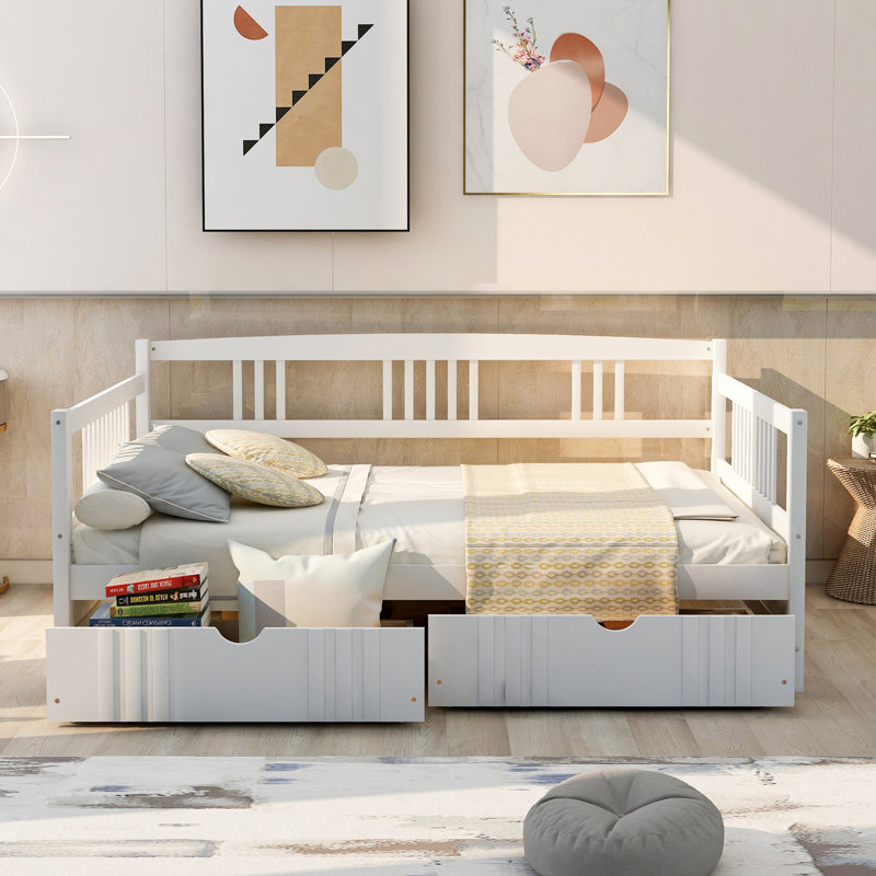 Lit de jour polyvalent en bois avec deux tiroirs, idéal pour la détente, le rangement et une utilisation multifonctionnelle dans divers espaces de vie