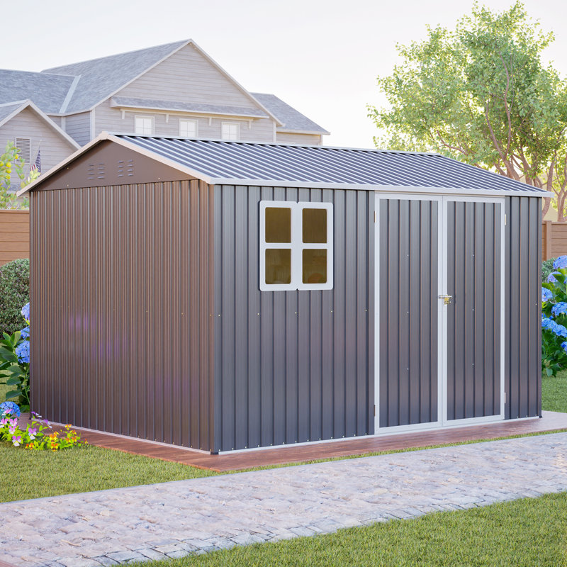 Remise de rangement en acier surdimensionnée de 10 pi x 8 pi avec fenêtre, portes verrouillables et toit incliné, remise à outils robuste pour jardin, patio, cour arrière, pelouse