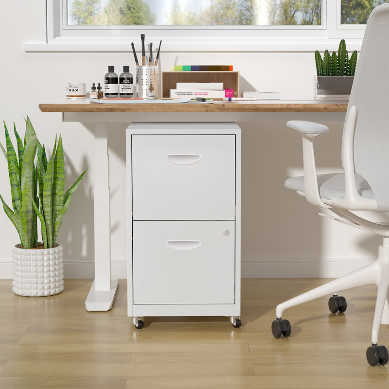 2 Drawer Rolling File Cabinet on Wheels, White Mobile Two Drawer Filing Cabinet with Lock, Small Files Cabinets for Under Desk, Metal Filing Cabinets for Letter Size Folders