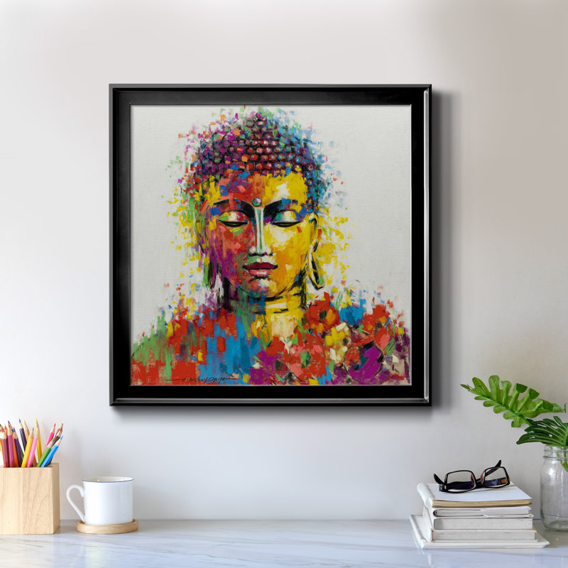Bouddha - Peinture sur toile encadrée, Cadre noir, H 17,5 po x l 17,5 po x P 1,5 po