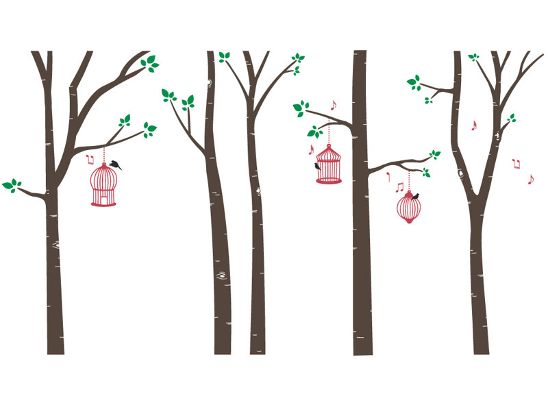 Décalcomanie murale cages d’oiseaux dans les arbres bouleau, Brun / Rouge