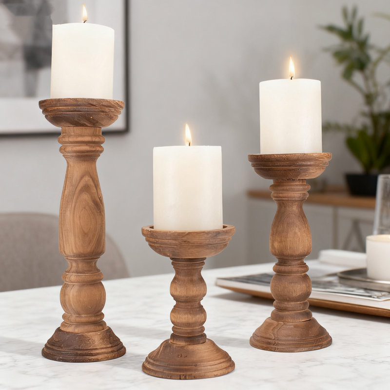 Ensemble de 3 porte-bougies en bois Farmhouse, Brun