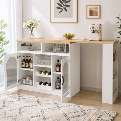 Buffet avec plateau de table extensible et support à vin, table de bar à hauteur de comptoir avec éclairage à DEL de couleur et prise de courant à gauche, armoire à vin mobile sur roulettes